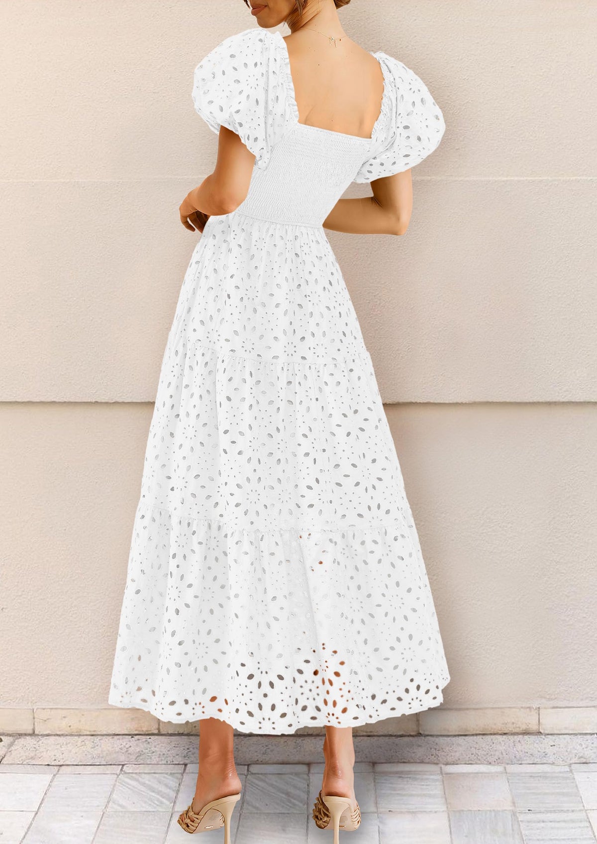 Summer Dresses for Women 2025 Eyelet Square Neck Puff Sleeve Smocked Wedding Guest Maxi Dress with Pockets