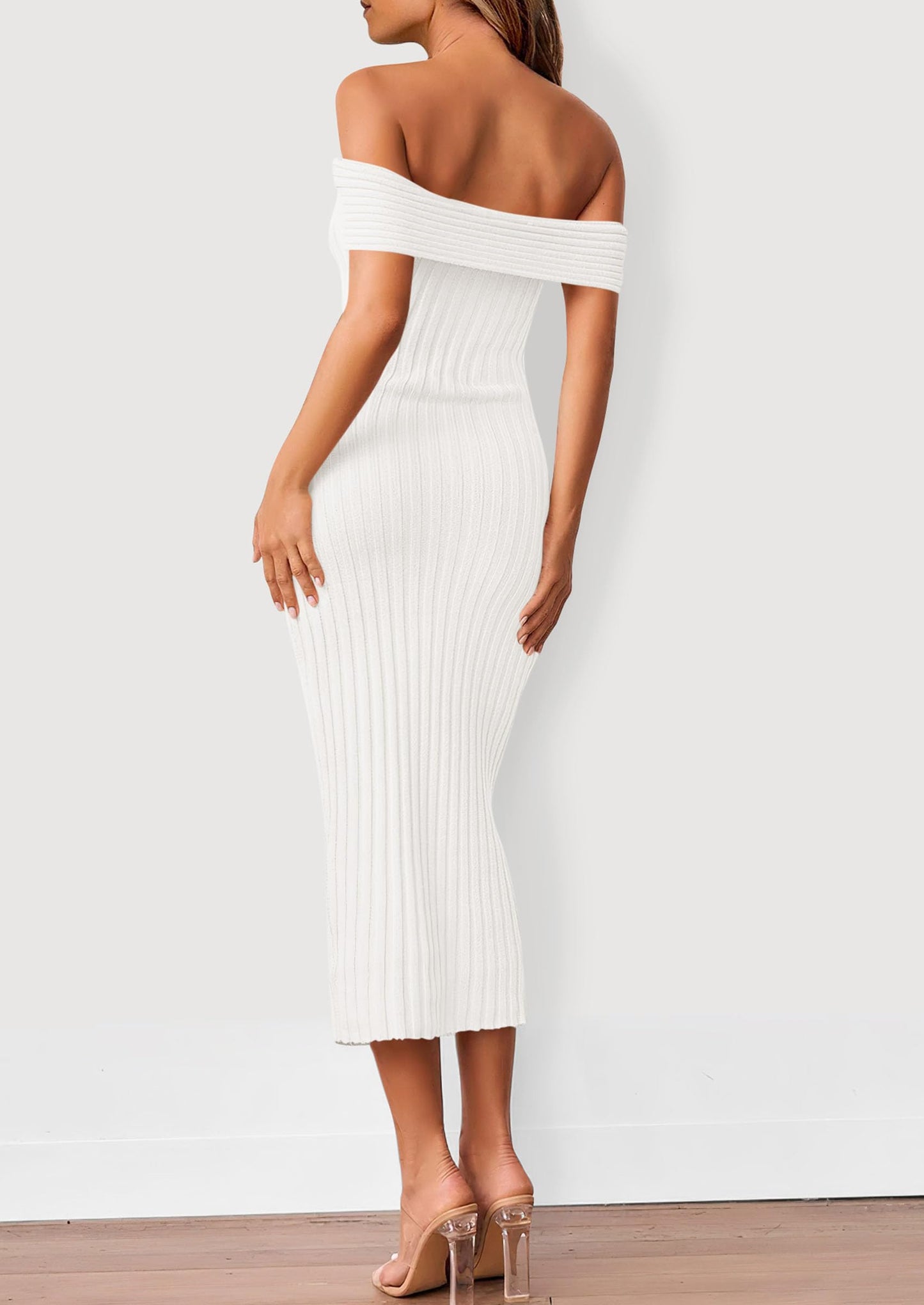 Women's Off The Shoulder Sweater Dresses 2025 Summer Elegant Ribbed Knit Midi Bodycon Wedding Guest Dress