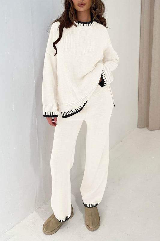 2 Piece Knitted Casual Long Sleeve Pullover Wide Leg Pant Set