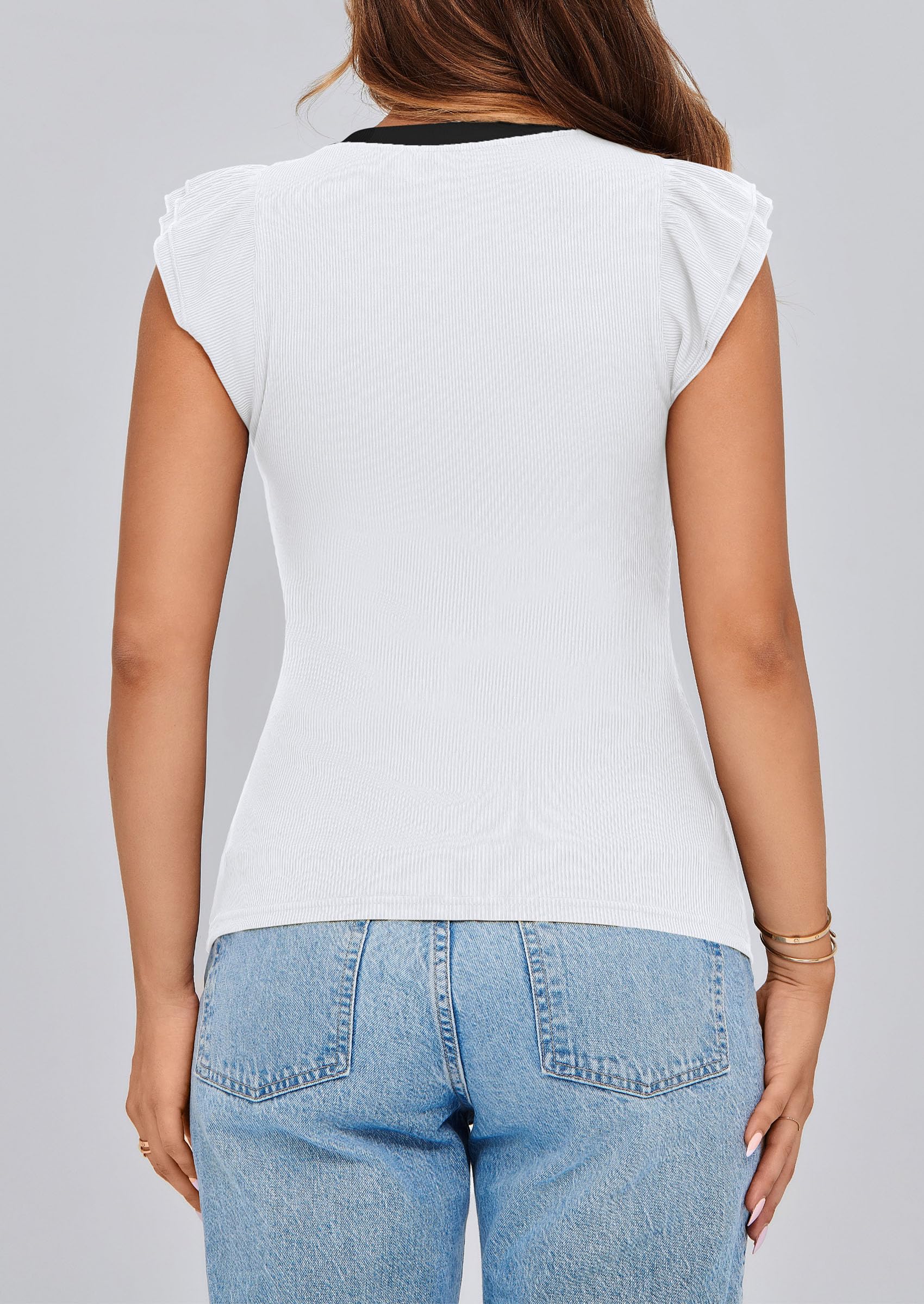 PRETTYGARDEN Womens V Neck Summer Tops Ruffle Sleeveless Slim Fit T Shirts Going Out Casual Blouses