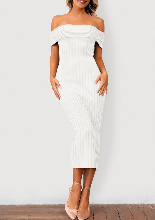 Women's Off The Shoulder Sweater Dresses 2025 Summer Elegant Ribbed Knit Midi Bodycon Wedding Guest Dress