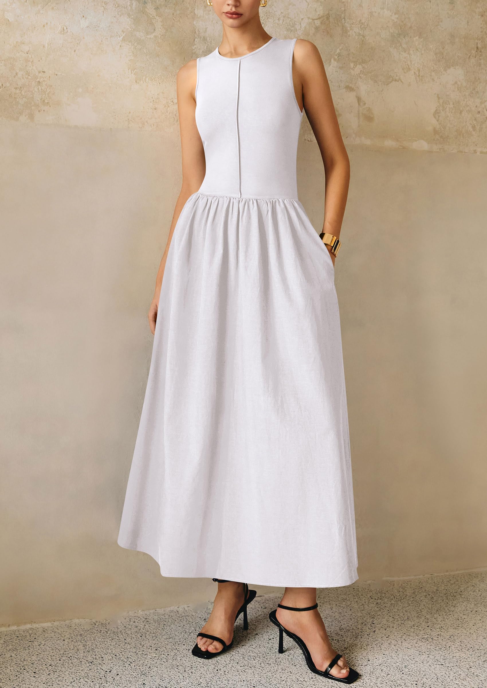 PRETTYGARDEN Women Maxi Dresses Casual Sleeveless Patchwork Knit Tank Dress Flowy Beach Sundress Long Dress