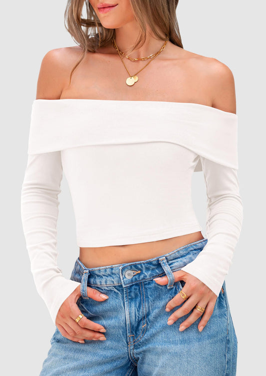 Off The Shoulder Top for Women 2025 Long Sleeve Shirts Trendy Going Out Crop Tops Spring Fashion Clothes