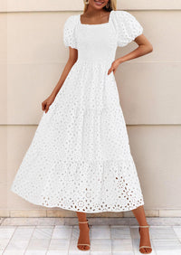 Summer Dresses for Women 2025 Eyelet Square Neck Puff Sleeve Smocked Wedding Guest Maxi Dress with Pockets