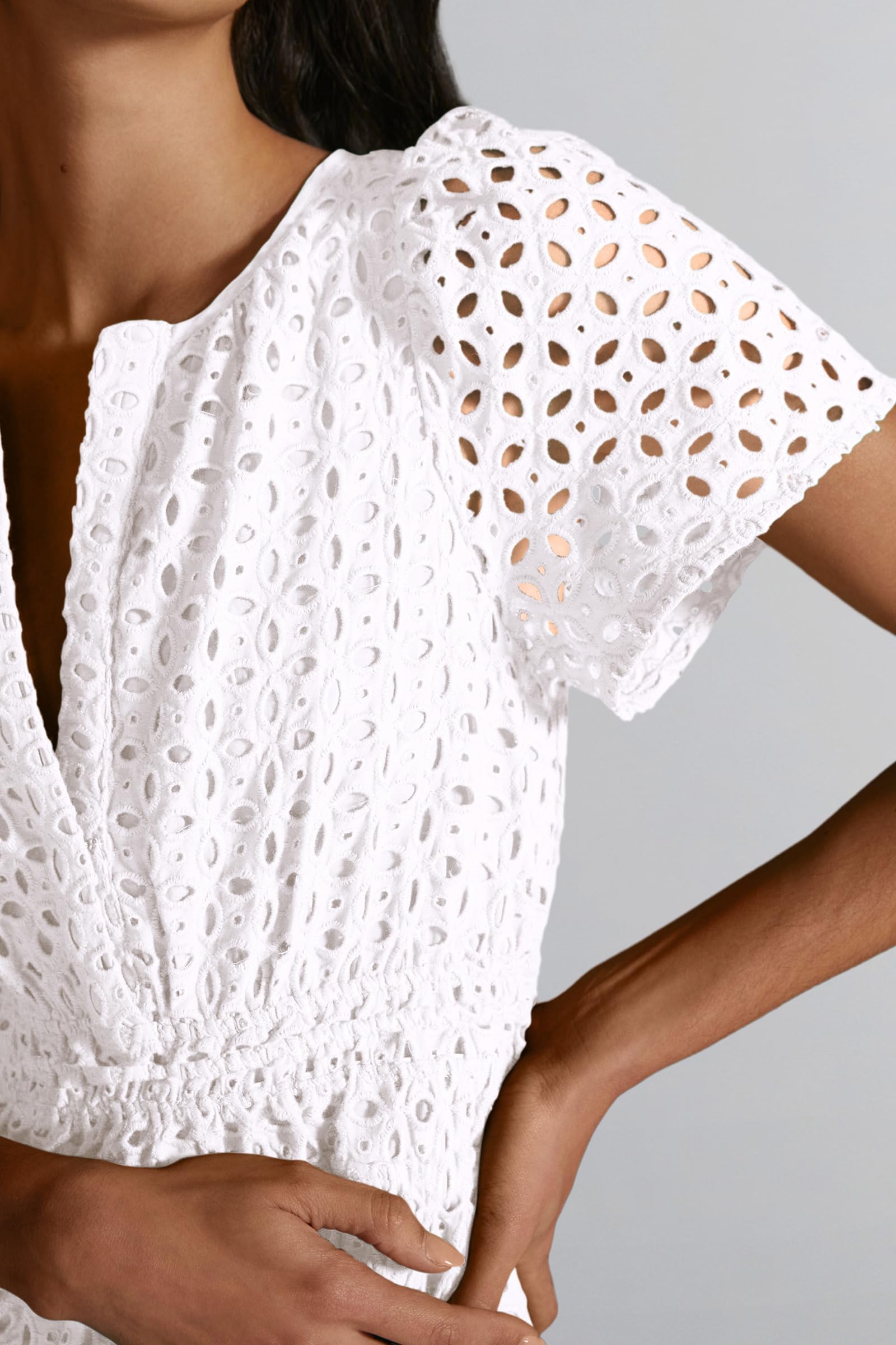 PRETTYGARDEN Women Summer Short Dress V Neck Short Sleeve A Line Hollow Out Lace Ruffle Cute Casual Beach Party Dresses