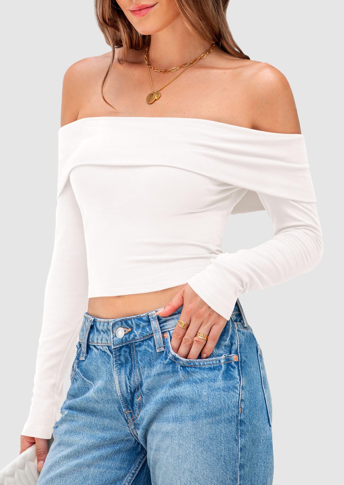 Off The Shoulder Top for Women 2025 Long Sleeve Shirts Trendy Going Out Crop Tops Spring Fashion Clothes