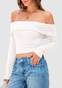 Off The Shoulder Top for Women 2025 Long Sleeve Shirts Trendy Going Out Crop Tops Spring Fashion Clothes