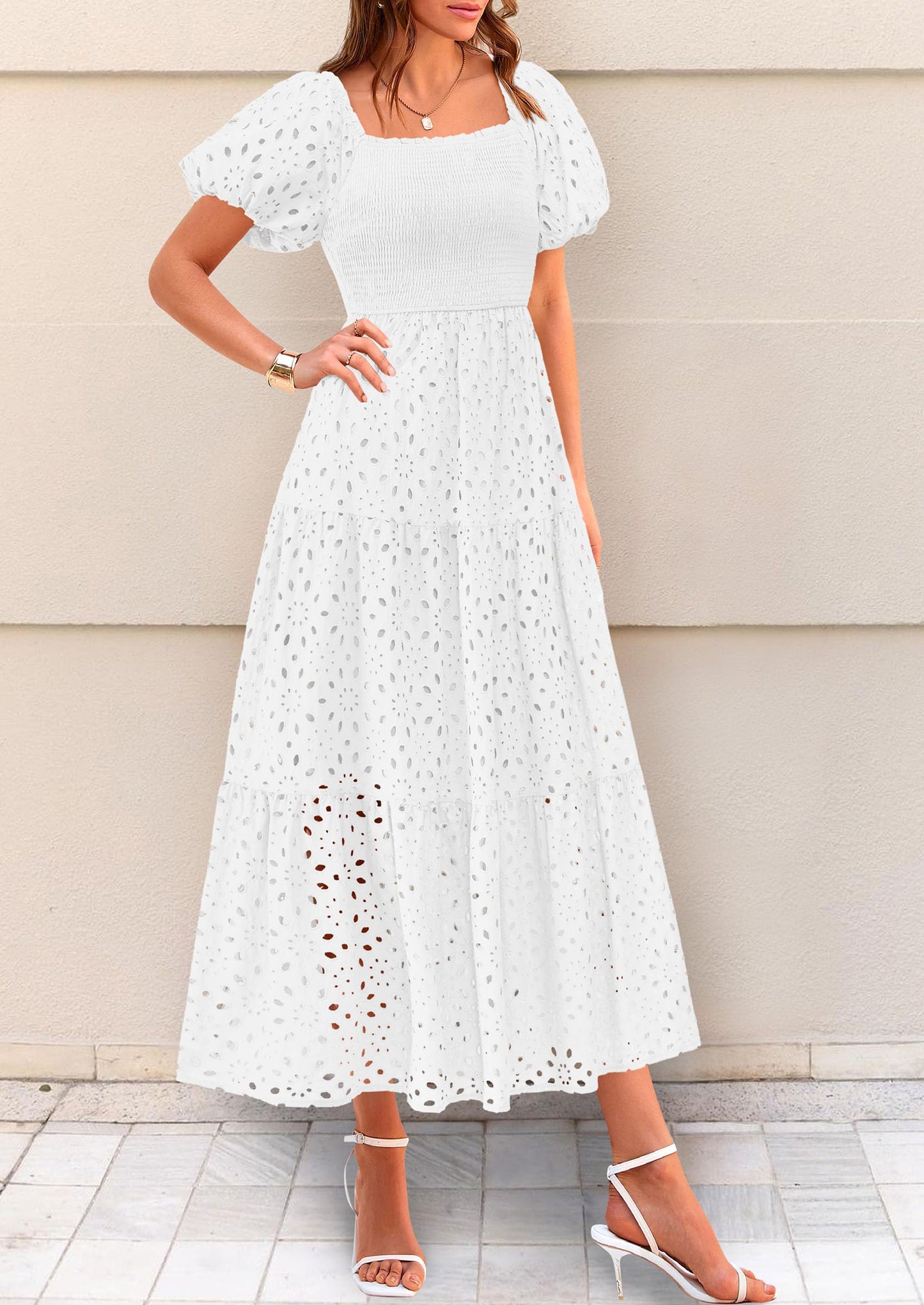 Summer Dresses for Women 2025 Eyelet Square Neck Puff Sleeve Smocked Wedding Guest Maxi Dress with Pockets