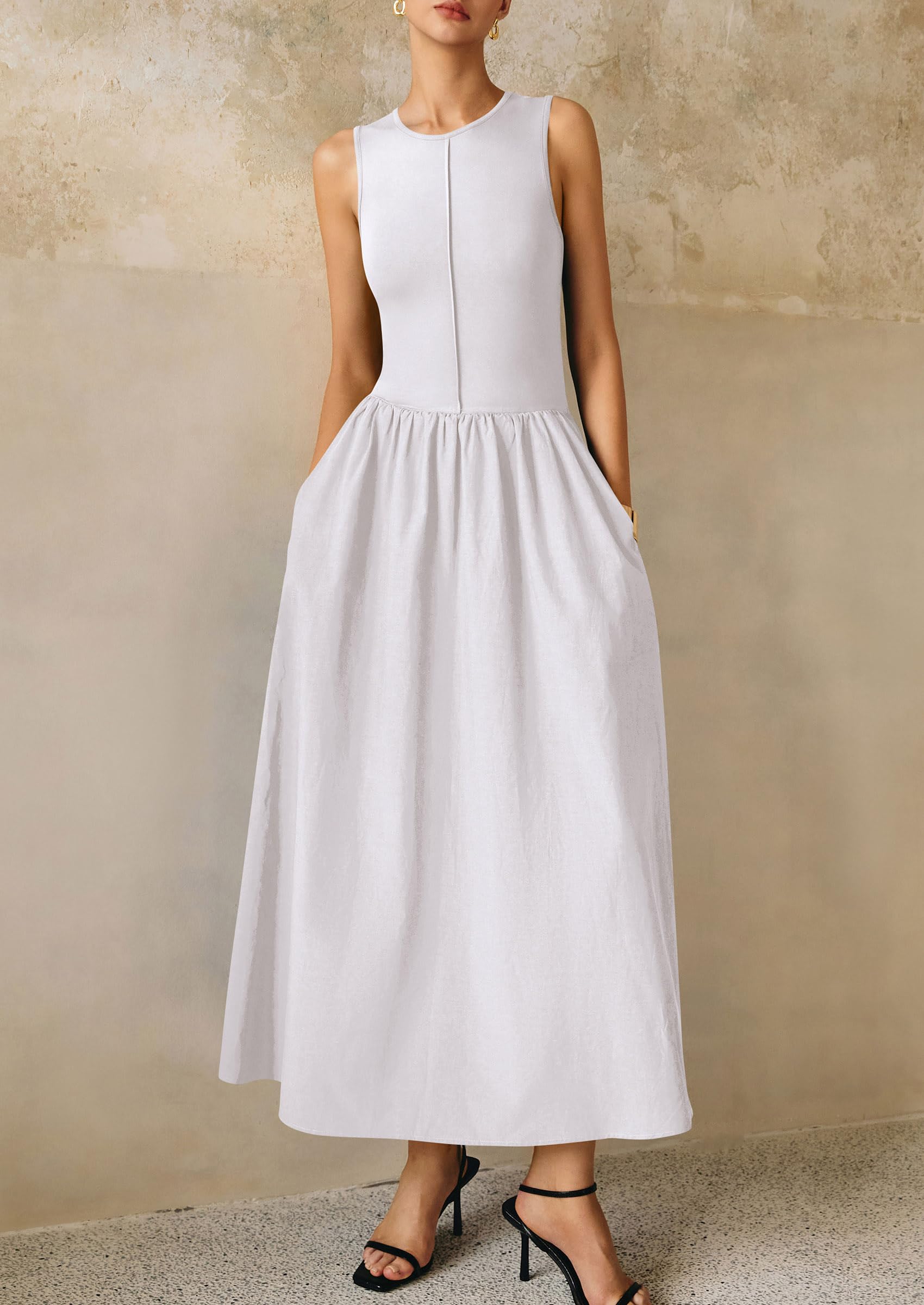 PRETTYGARDEN Women Maxi Dresses Casual Sleeveless Patchwork Knit Tank Dress Flowy Beach Sundress Long Dress