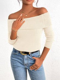 Fall Off Shoulder Sweaters Y2K Long Sleeve Ribbed Knit Fitted Pullover Tops Blouse