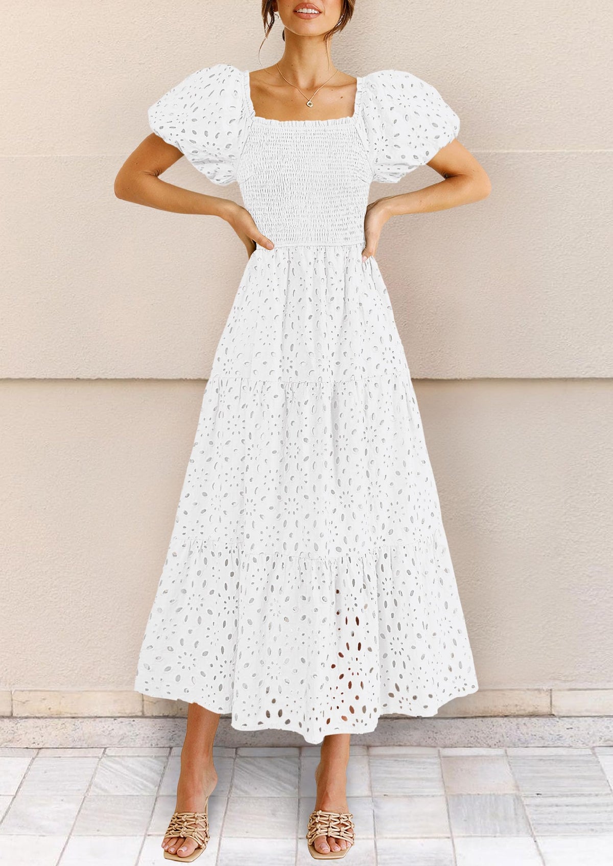 Summer Dresses for Women 2025 Eyelet Square Neck Puff Sleeve Smocked Wedding Guest Maxi Dress with Pockets