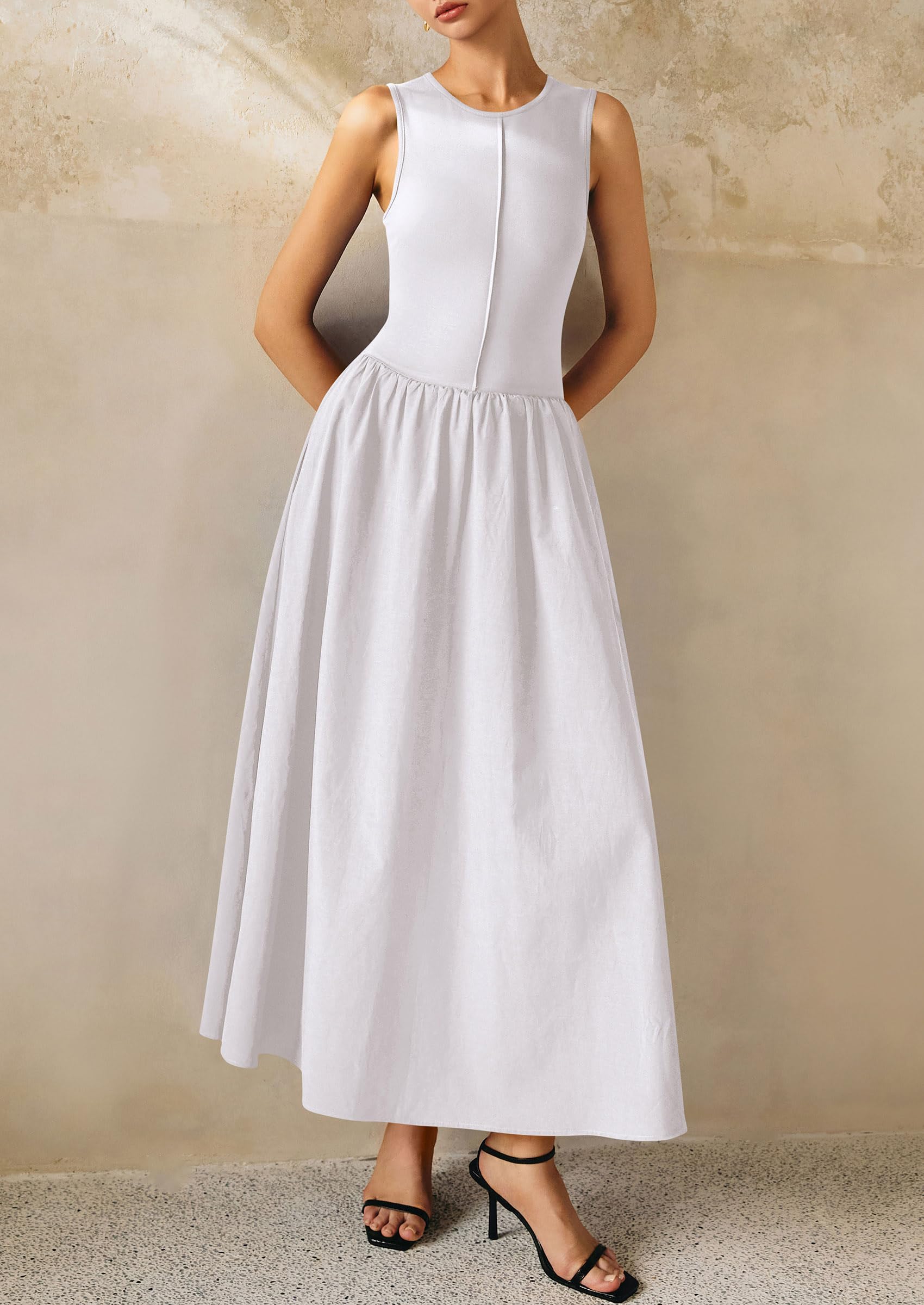 PRETTYGARDEN Women Maxi Dresses Casual Sleeveless Patchwork Knit Tank Dress Flowy Beach Sundress Long Dress