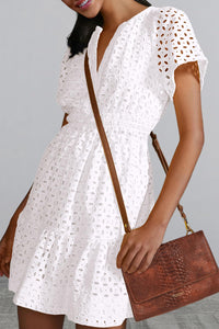 V Neck Short Sleeve A Line Hollow Out Lace Ruffle Casual Beach Party Mini Dresses