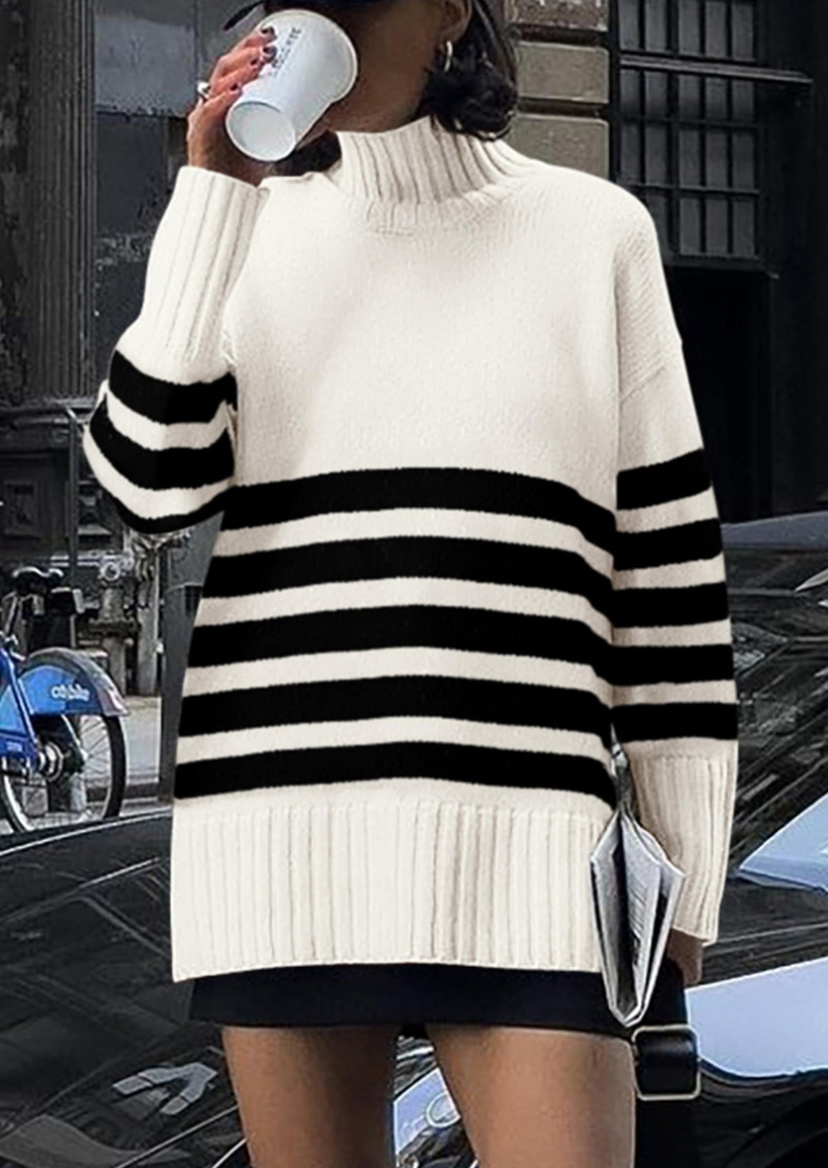 Women's Fall Striped Long Pullover Sweaters Turtleneck Long Sleeve Loose Fit Chunky Knit Casual Cute Tops Blouse