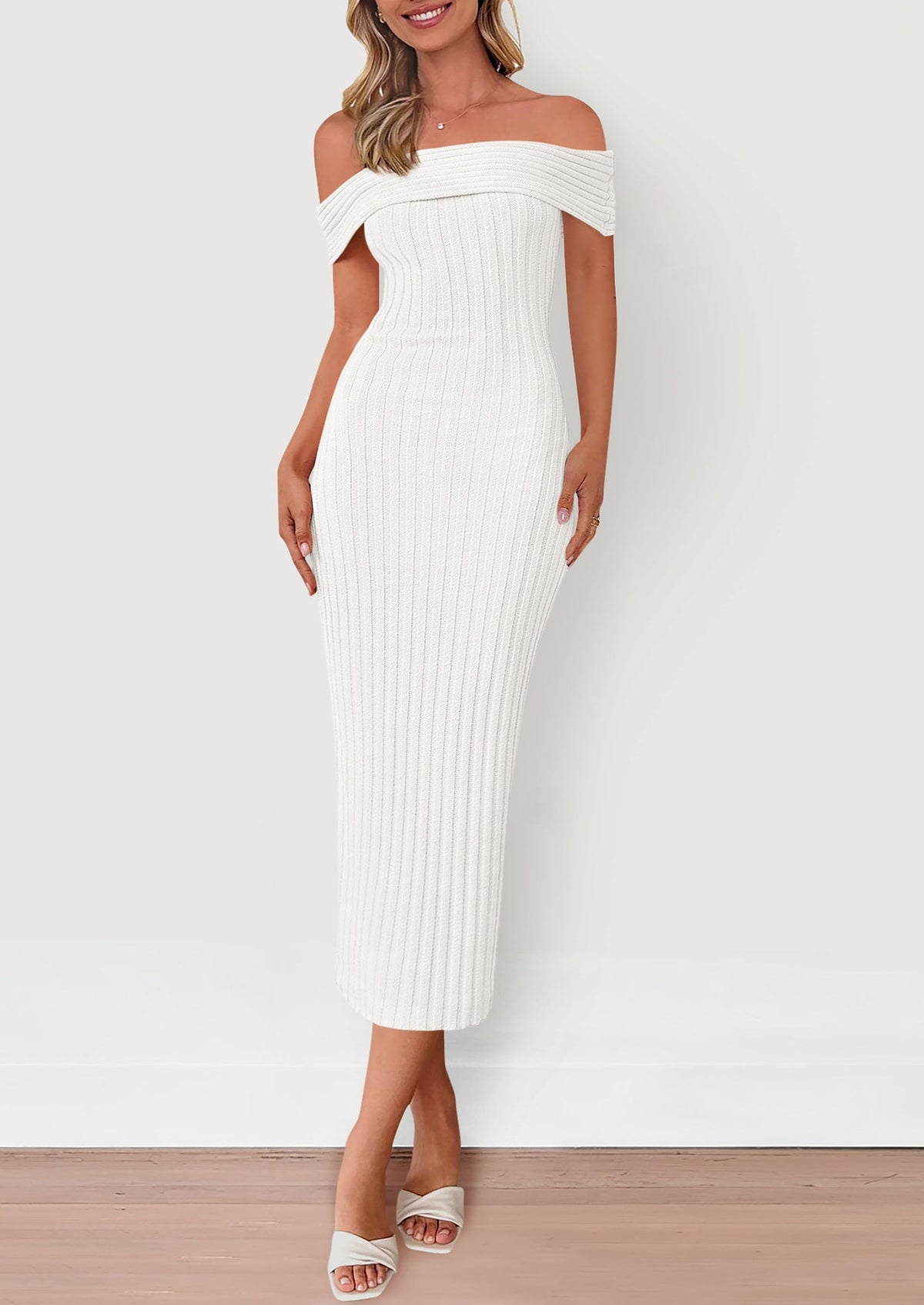 Women's Off The Shoulder Sweater Dresses 2025 Summer Elegant Ribbed Knit Midi Bodycon Wedding Guest Dress