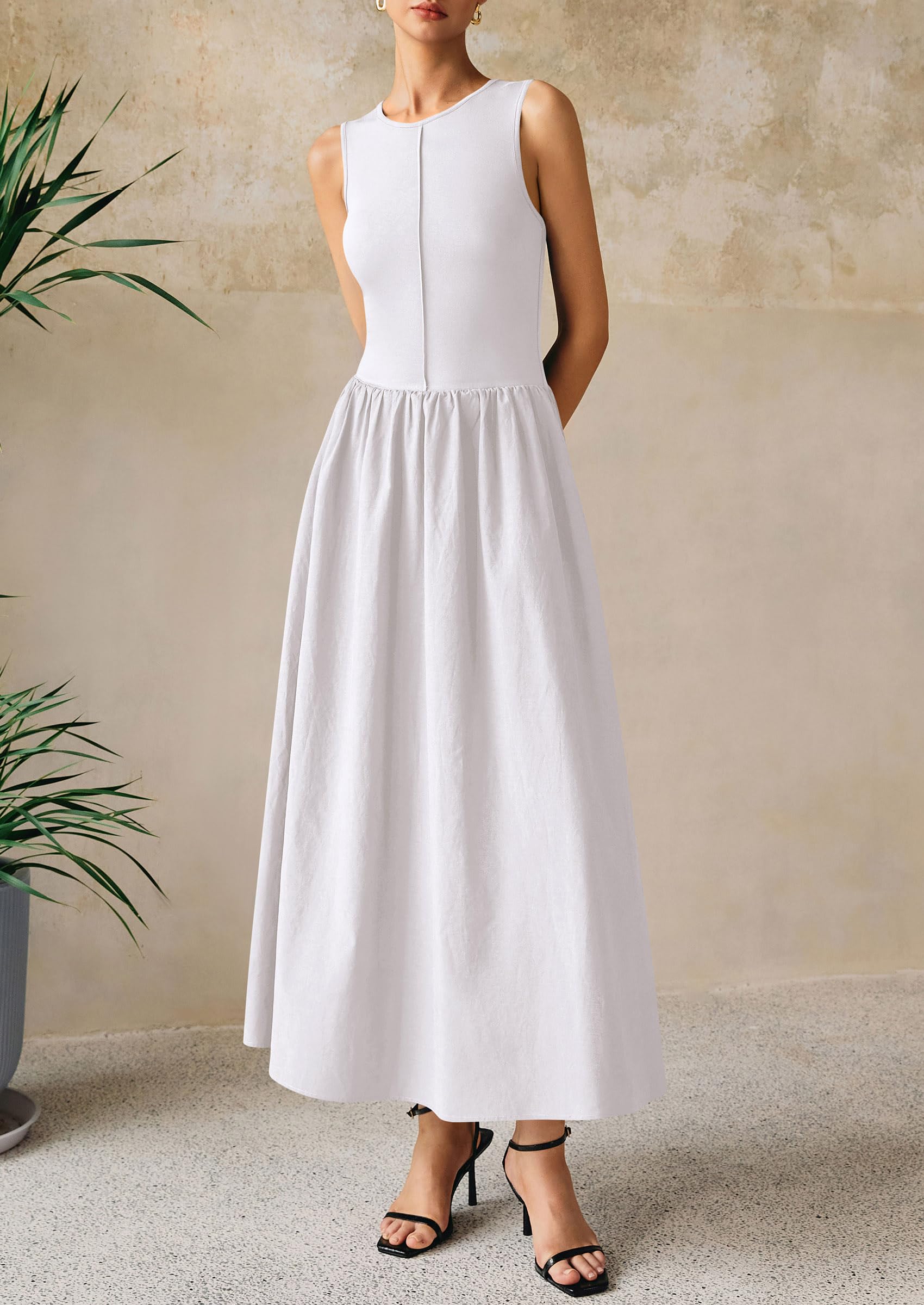 PRETTYGARDEN Women Maxi Dresses Casual Sleeveless Patchwork Knit Tank Dress Flowy Beach Sundress Long Dress