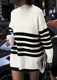 Women's Fall Striped Long Pullover Sweaters Turtleneck Long Sleeve Loose Fit Chunky Knit Casual Cute Tops Blouse