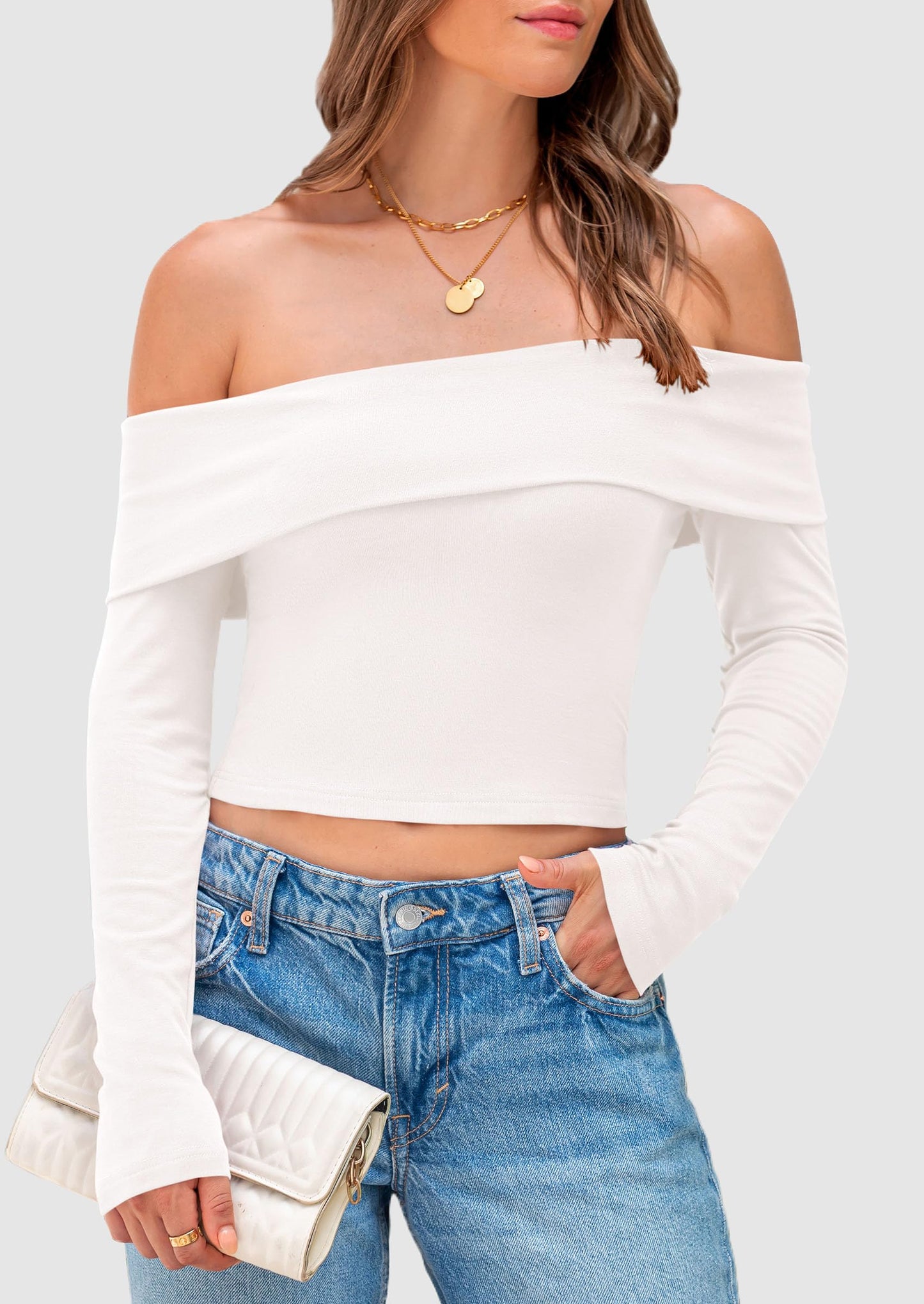 Off The Shoulder Top for Women 2025 Long Sleeve Shirts Trendy Going Out Crop Tops Spring Fashion Clothes