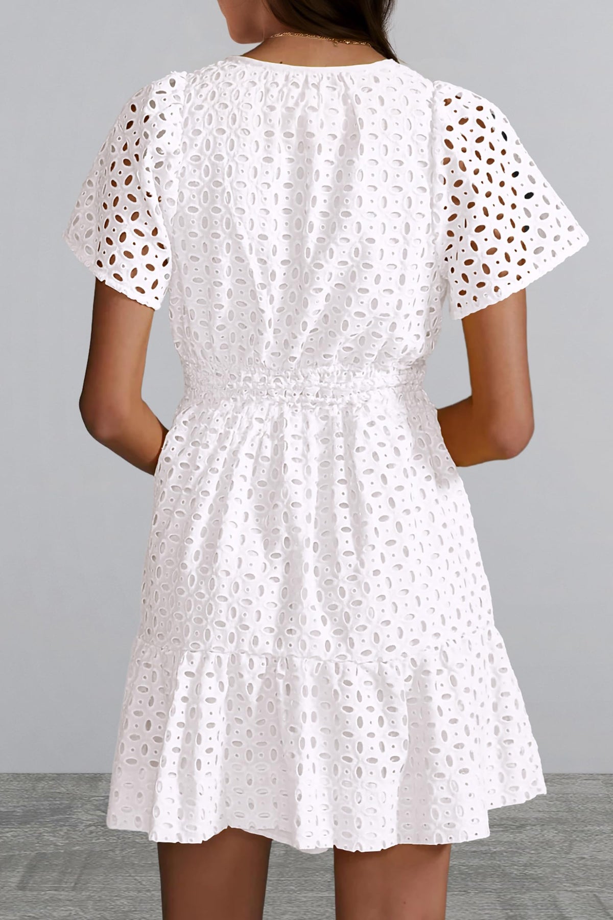 V Neck Short Sleeve A Line Hollow Out Lace Ruffle Casual Beach Party Mini Dresses