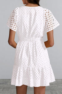 V Neck Short Sleeve A Line Hollow Out Lace Ruffle Casual Beach Party Mini Dresses