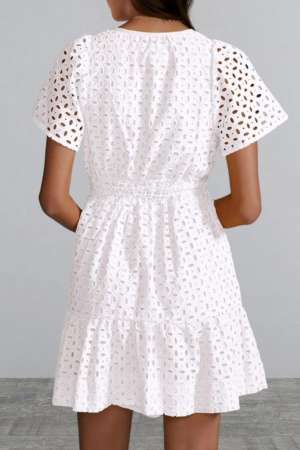 Summer Short Dress V Neck Short Sleeve A Line Hollow Out Lace Ruffle Cute Casual Beach Party Dresses