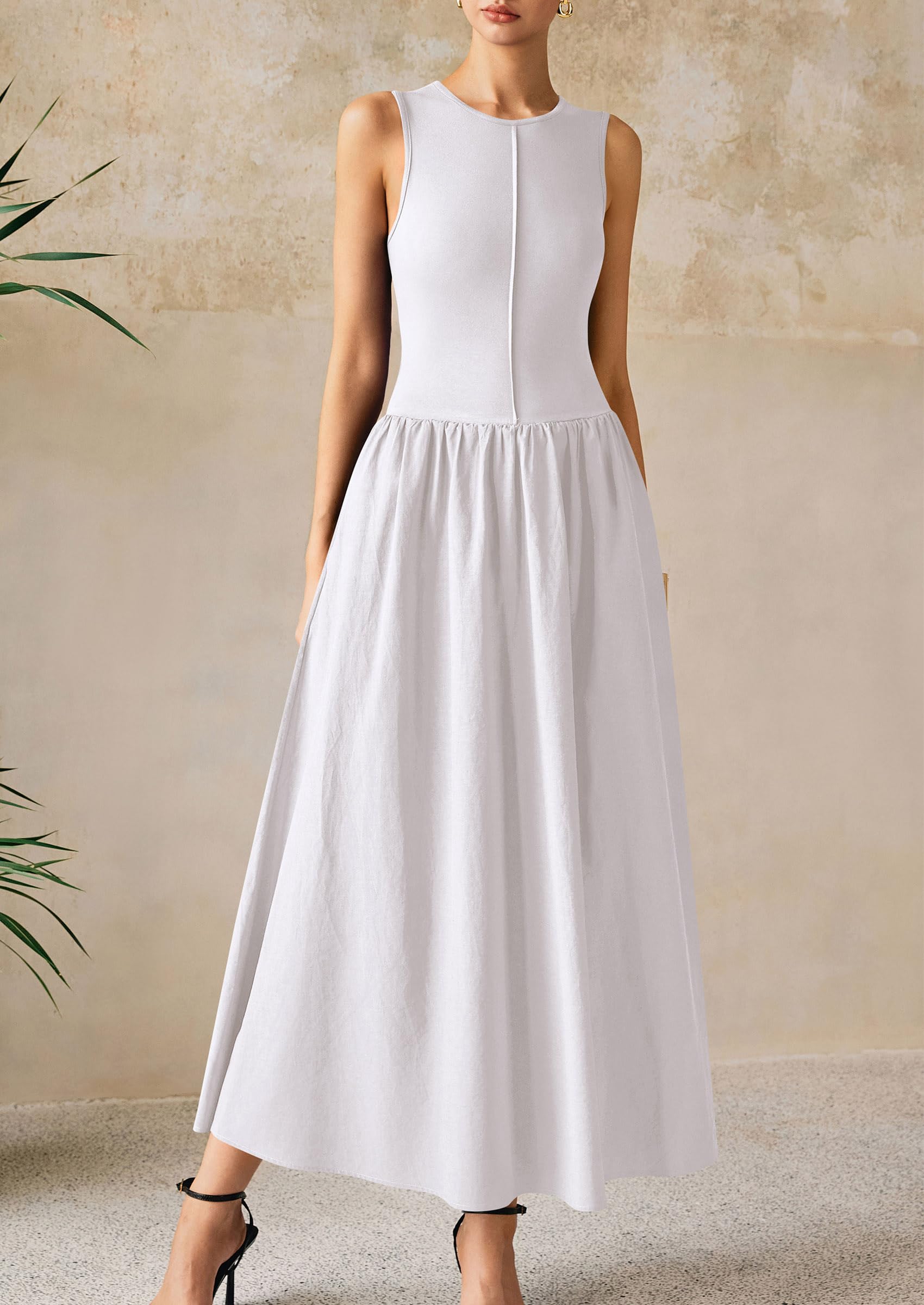 PRETTYGARDEN Women Maxi Dresses Casual Sleeveless Patchwork Knit Tank Dress Flowy Beach Sundress Long Dress