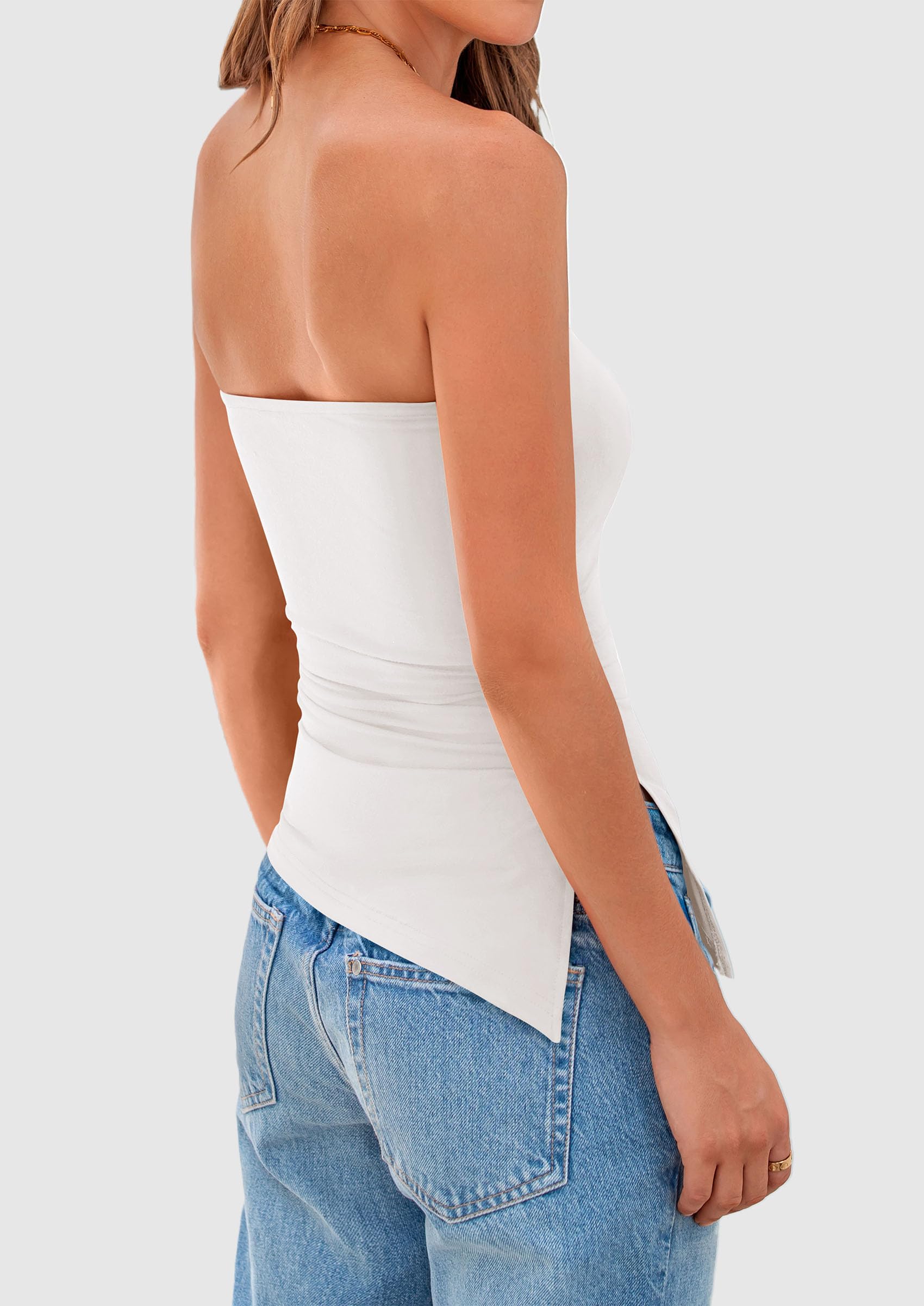 PRETTYGARDEN Womens Summer Tube Tops Trendy Strapless Ruched Going Out Tops Outfits Asymmetrical Bandeau Shirts