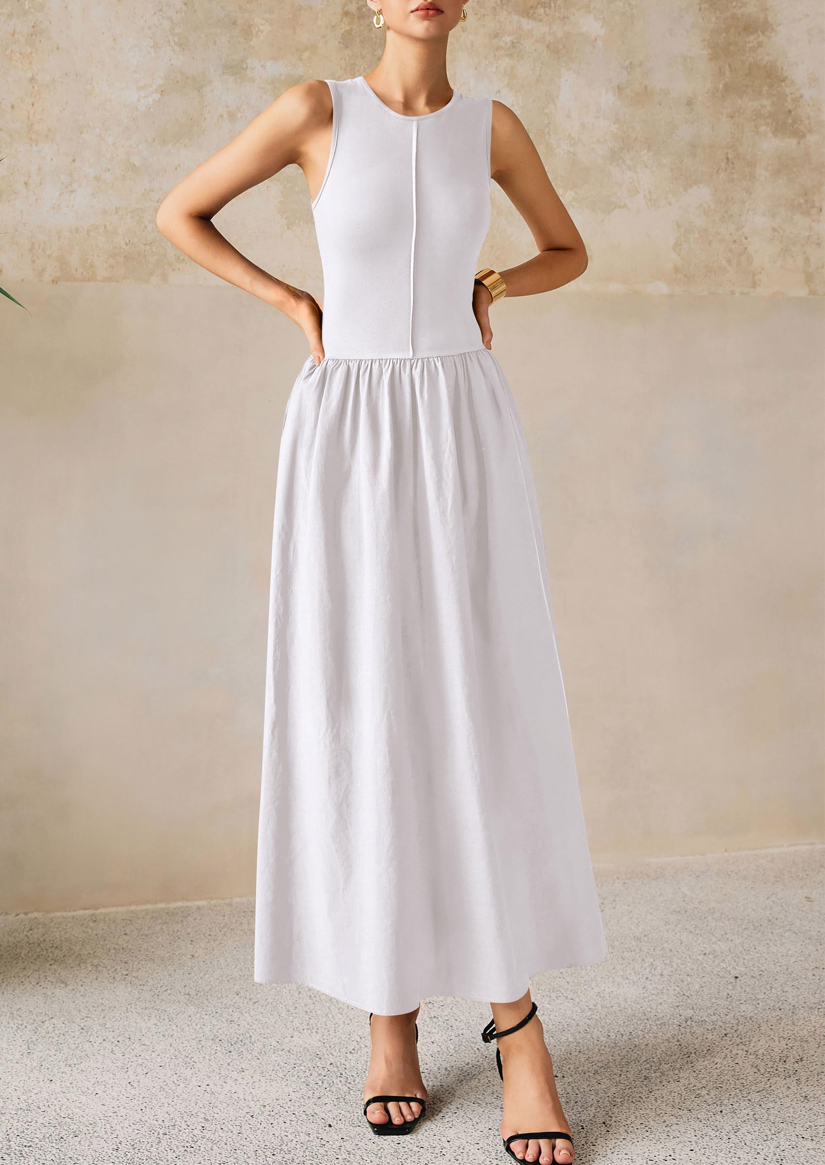 PRETTYGARDEN Women Maxi Dresses Casual Sleeveless Patchwork Knit Tank Dress Flowy Beach Sundress Long Dress