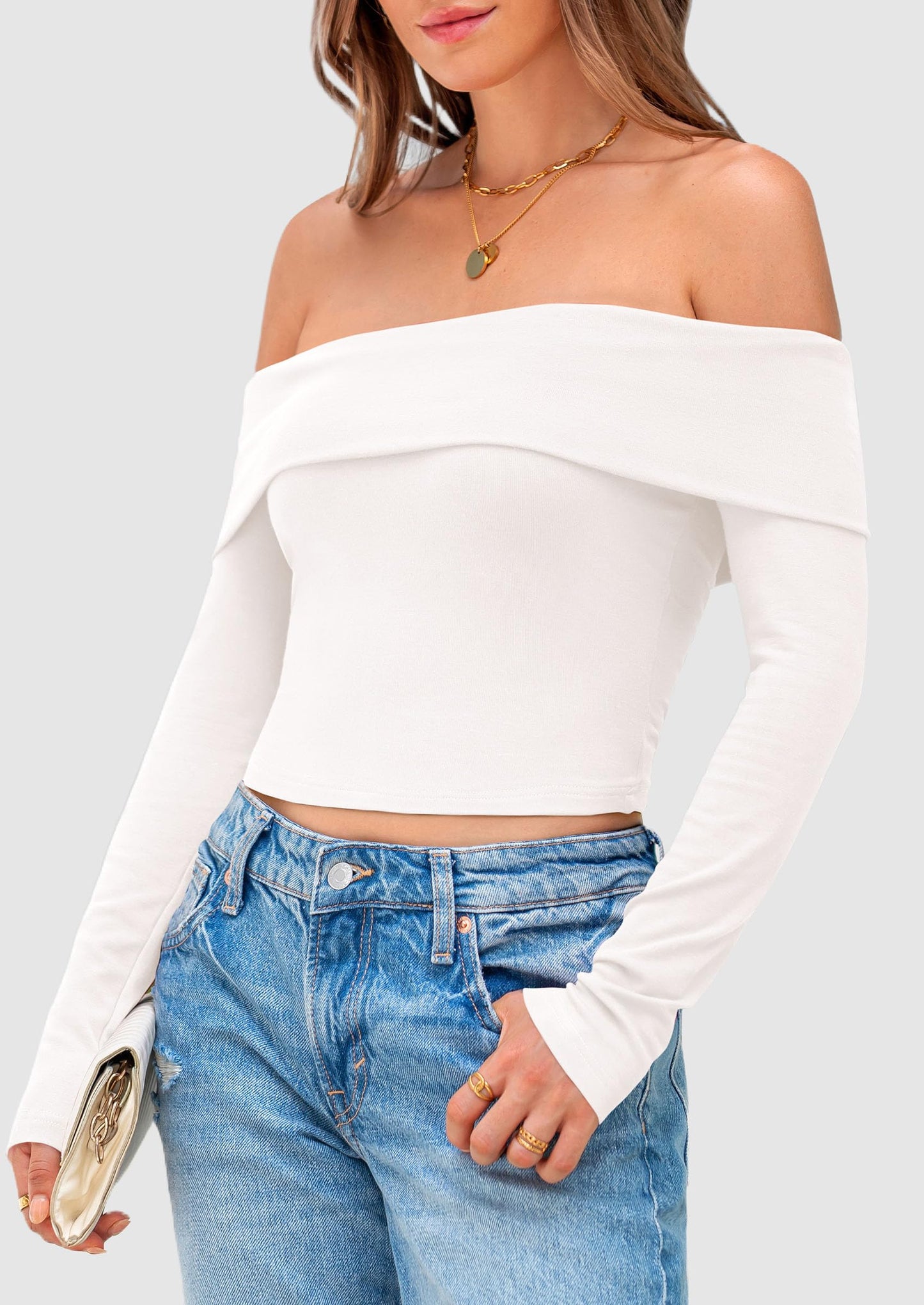 Off The Shoulder Top for Women 2025 Long Sleeve Shirts Trendy Going Out Crop Tops Spring Fashion Clothes