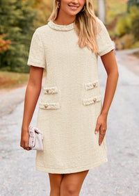 Summer Tweed Crewneck Short Sleeve A Line Mini Short Dress