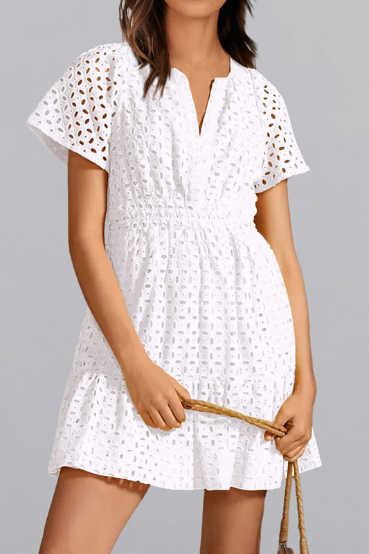 Summer Short Dress V Neck Short Sleeve A Line Hollow Out Lace Ruffle Cute Casual Beach Party Dresses