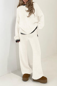 2 Piece Knitted Casual Long Sleeve Pullover Wide Leg Pant Set