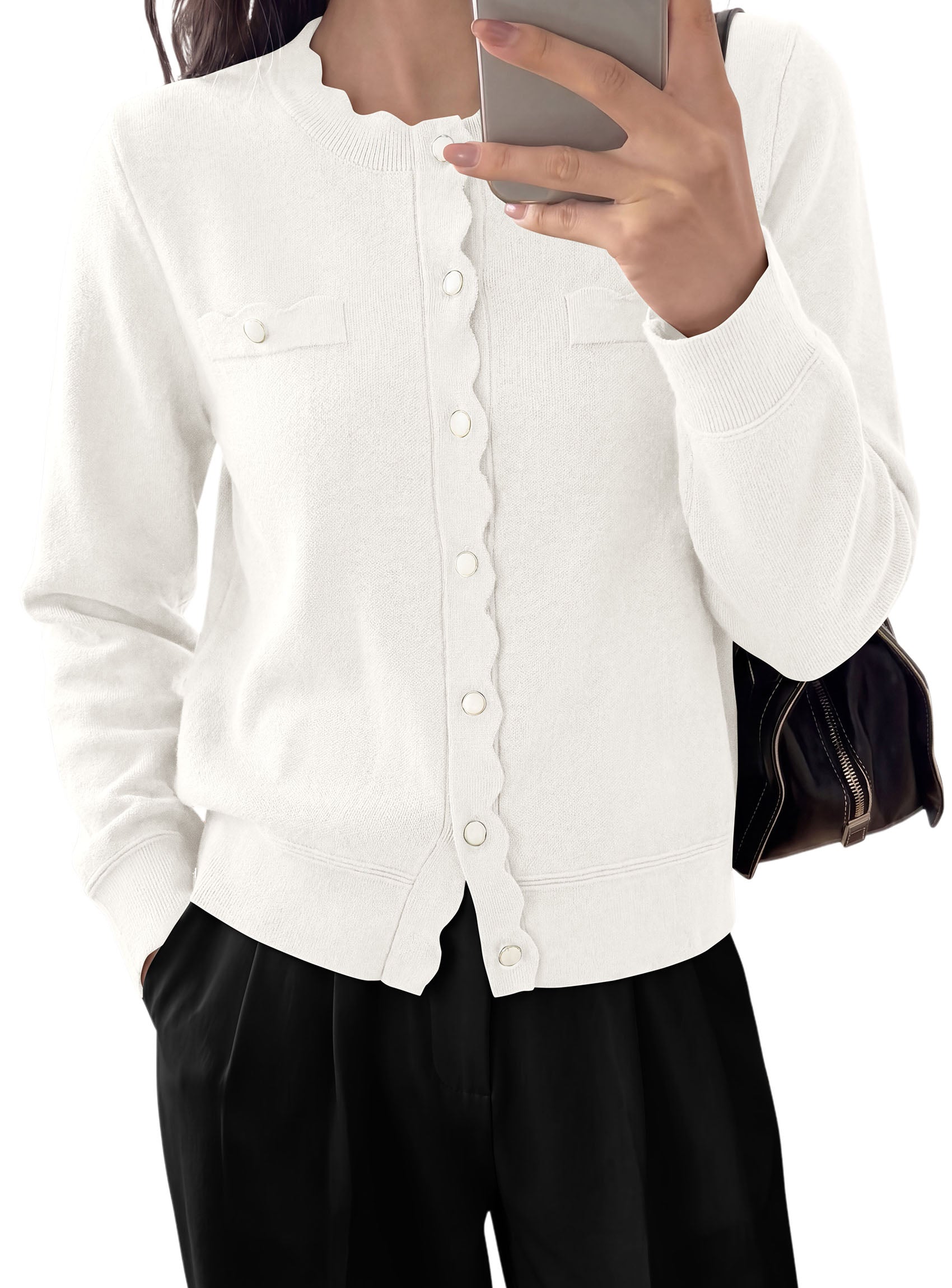 PRETTYGARDEN Cardigan Sweaters for Women Scalloped Button Up Fall Outfits  Soft Knit Long Sleeve Knit Tops,Crew Neck,Business Casual Outfits,Office Work Lightweight Sweater,Layers Clothes