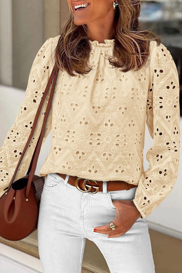 Womens Blouses Dressy Casual Embroidered Long Puff Sleeve Shirts Ruffle Eyelet Lace Top Fall Clothes