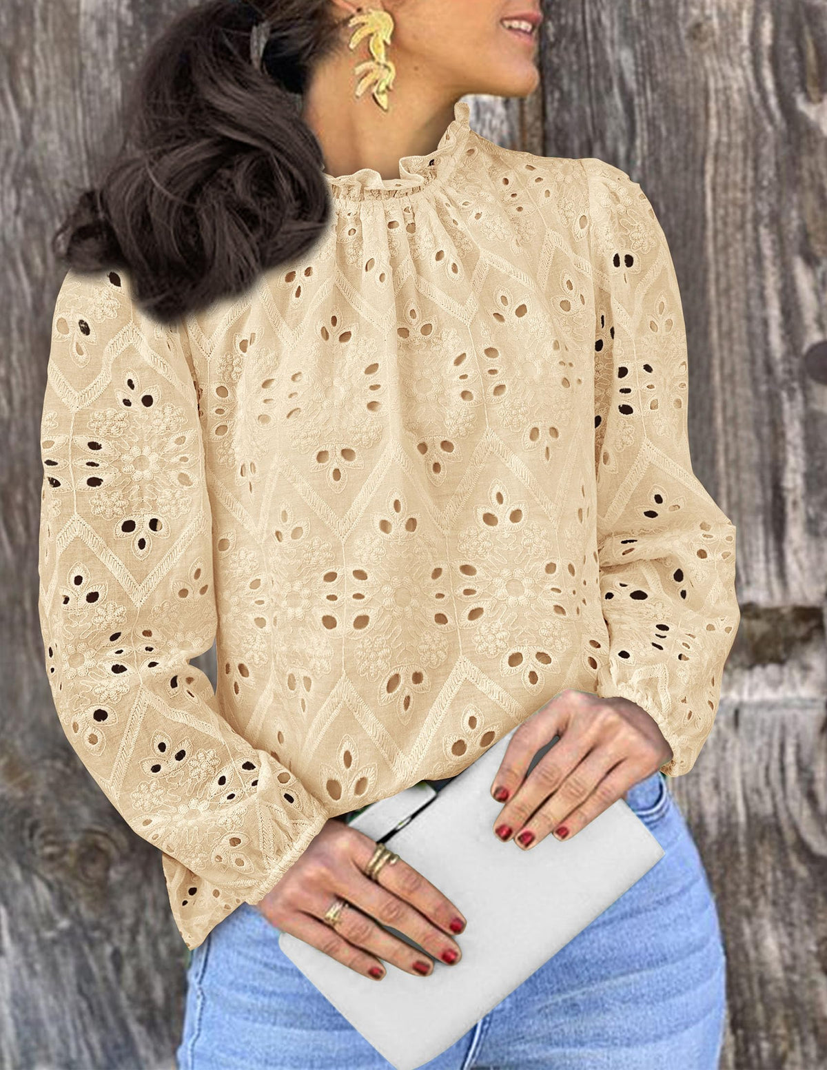 Womens Blouses Dressy Casual Embroidered Long Puff Sleeve Shirts Ruffle Eyelet Lace Top Fall Clothes