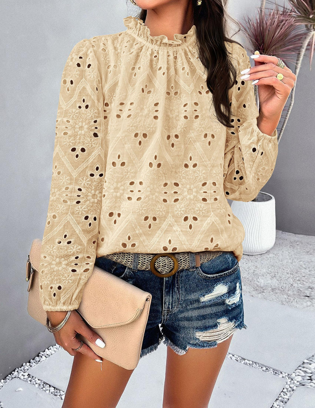 Womens Blouses Dressy Casual Embroidered Long Puff Sleeve Shirts Ruffle Eyelet Lace Top Fall Clothes