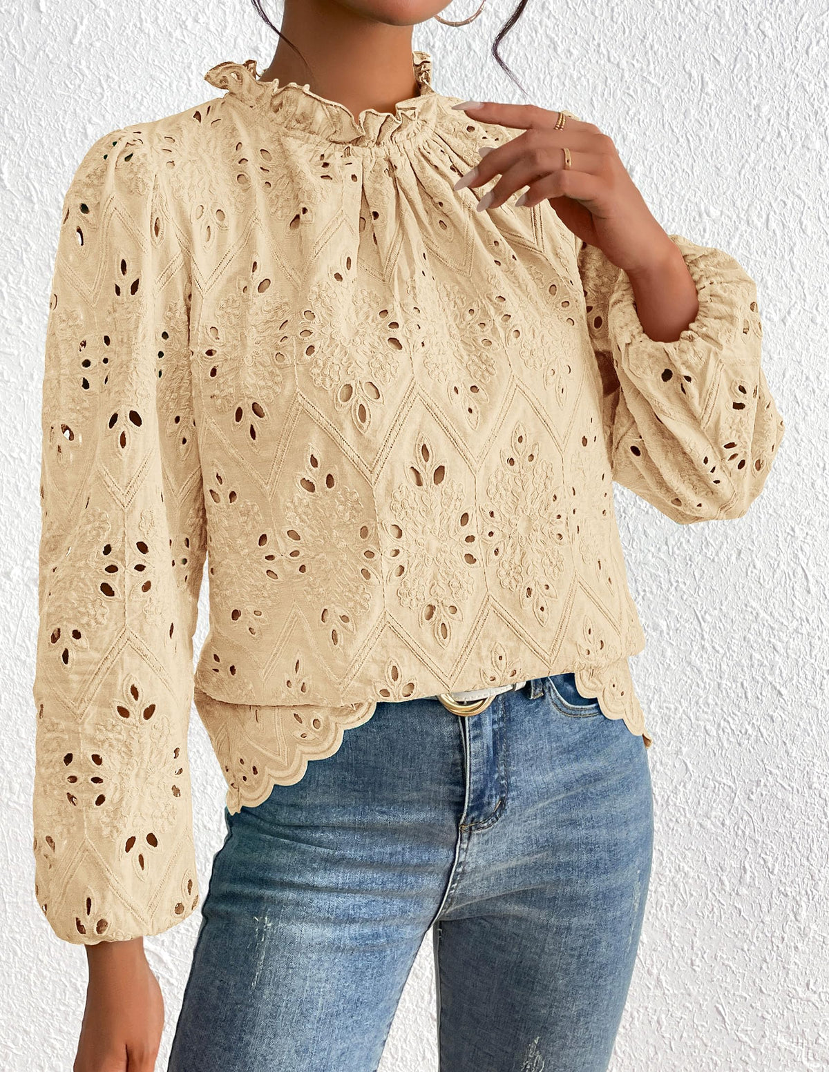 Womens Blouses Dressy Casual Embroidered Long Puff Sleeve Shirts Ruffle Eyelet Lace Top Fall Clothes