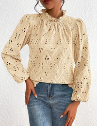 Womens Blouses Dressy Casual Embroidered Long Puff Sleeve Shirts Ruffle Eyelet Lace Top Fall Clothes