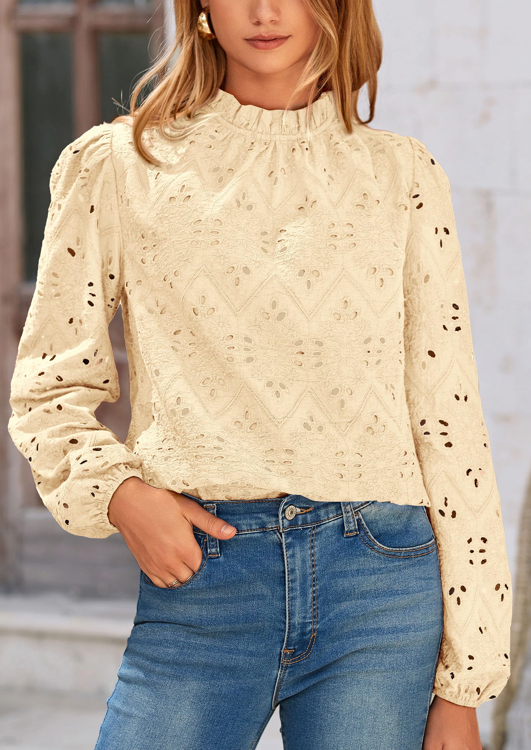 PRETTYGARDEN Womens Tops Dressy Casual Spring Long Sleeve Shirts Embroidered Eyelet Blouses Going Out Outfits