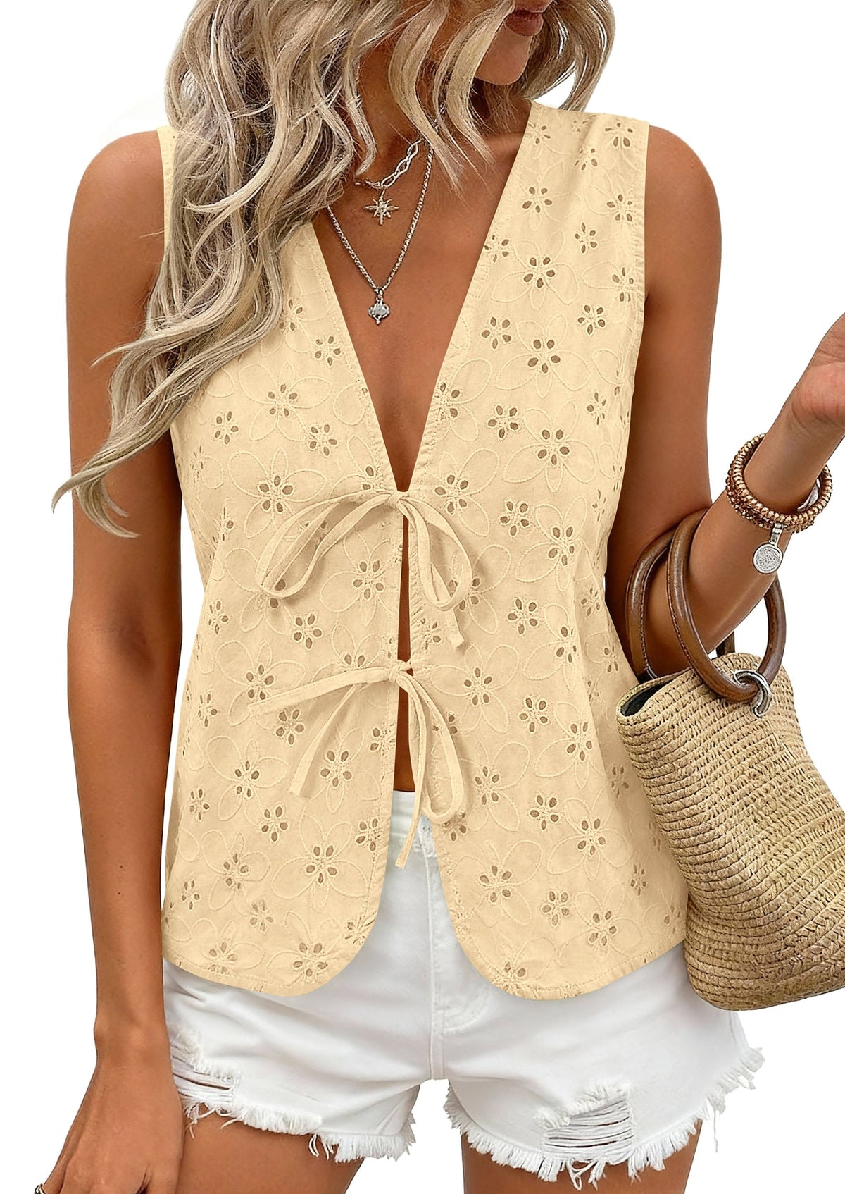 PRETTYGARDEN Women 2026 Summer Tie Front Eyelet Tank Tops Trendy Floral Vest Sleeveless V Neck Dressy Blouse Vacation Outfits PRETTYGARDEN