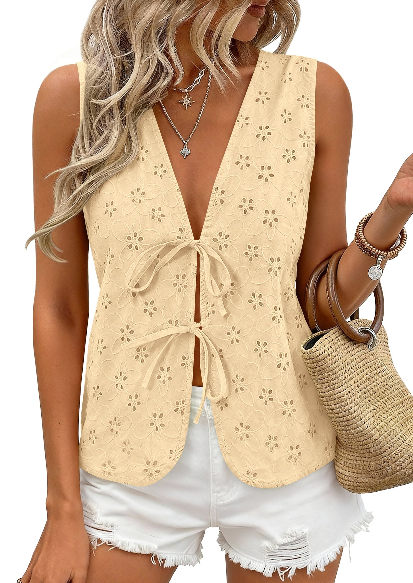PRETTYGARDEN Women 2026 Summer Tie Front Eyelet Tank Tops Trendy Floral Vest Sleeveless V Neck Dressy Blouse Vacation Outfits PRETTYGARDEN