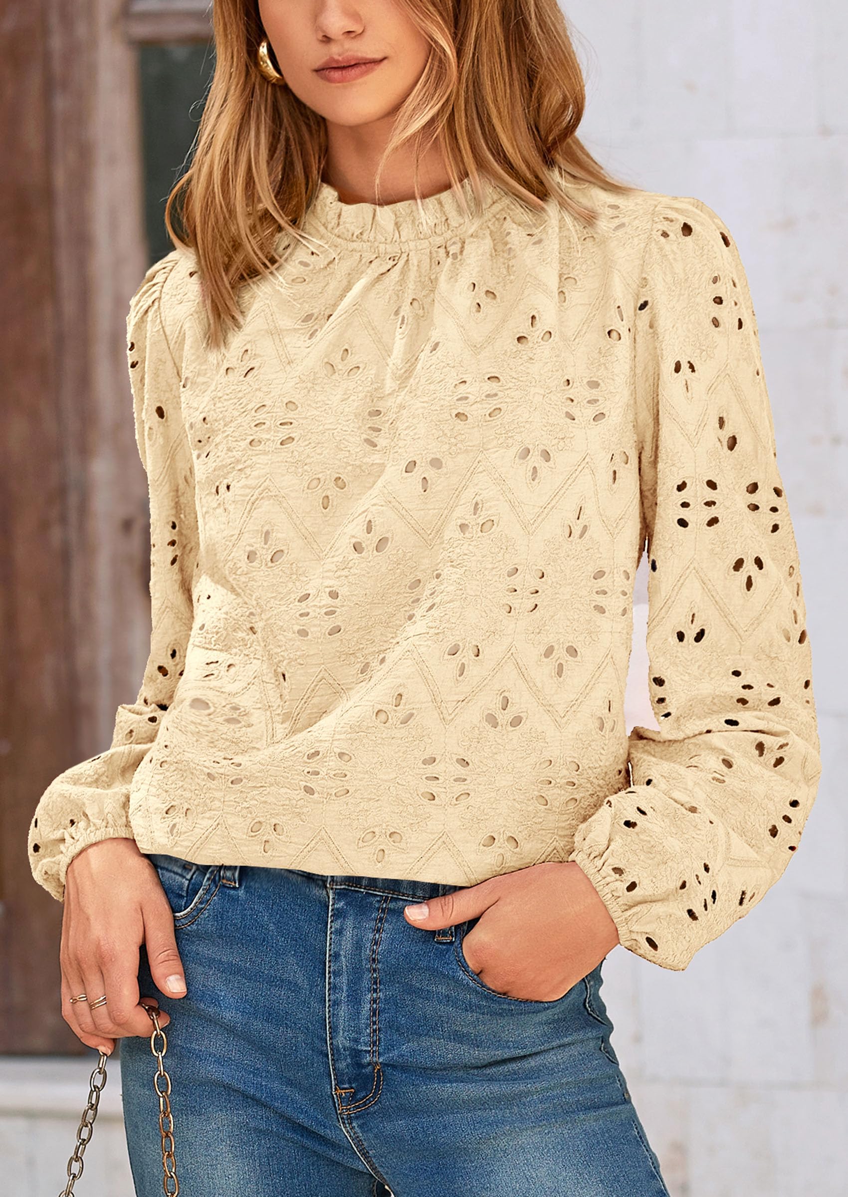 PRETTYGARDEN Womens Tops Dressy Casual Spring Long Sleeve Shirts Embroidered Eyelet Blouses Going Out Outfits