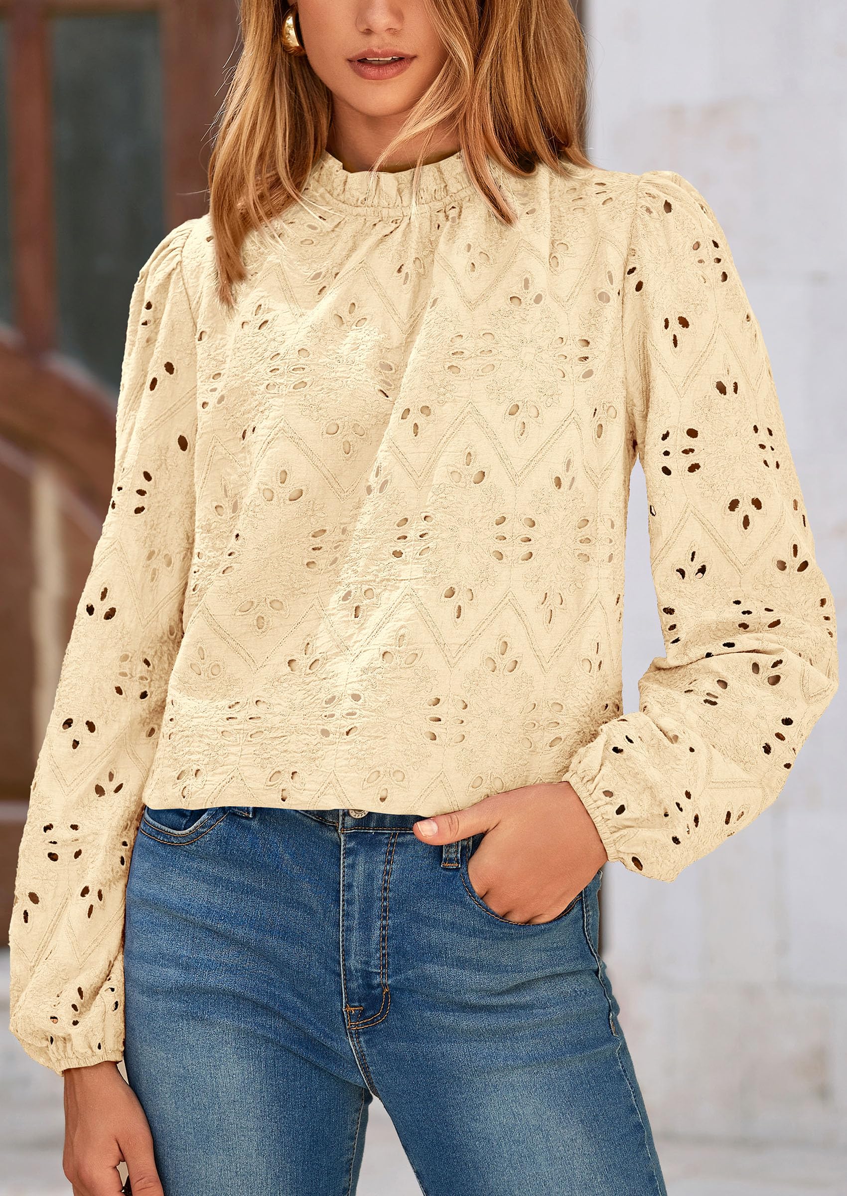 PRETTYGARDEN Womens Tops Dressy Casual Spring Long Sleeve Shirts Embroidered Eyelet Blouses Going Out Outfits