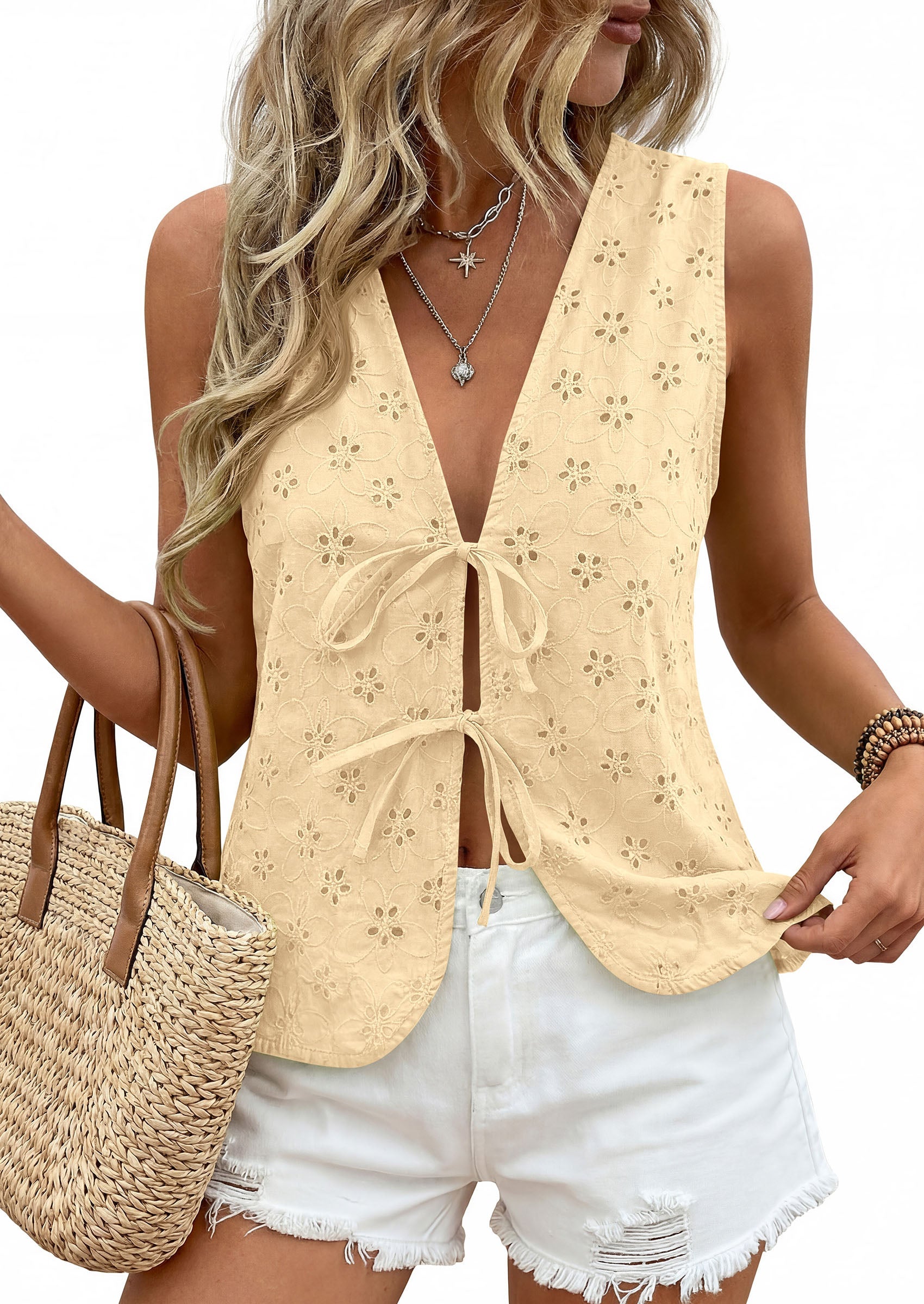 PRETTYGARDEN Women 2026 Summer Tie Front Eyelet Tank Tops Trendy Floral Vest Sleeveless V Neck Dressy Blouse Vacation Outfits PRETTYGARDEN