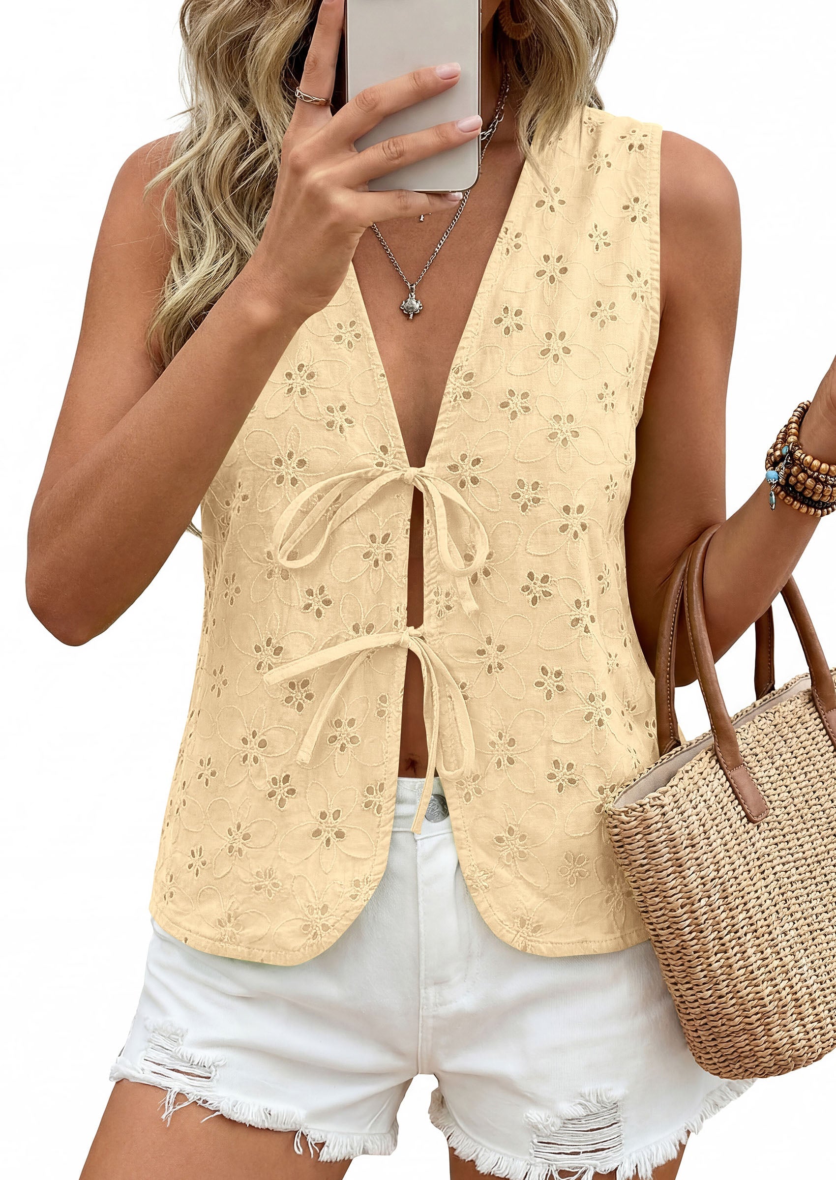PRETTYGARDEN Women 2026 Summer Tie Front Eyelet Tank Tops Trendy Floral Vest Sleeveless V Neck Dressy Blouse Vacation Outfits PRETTYGARDEN