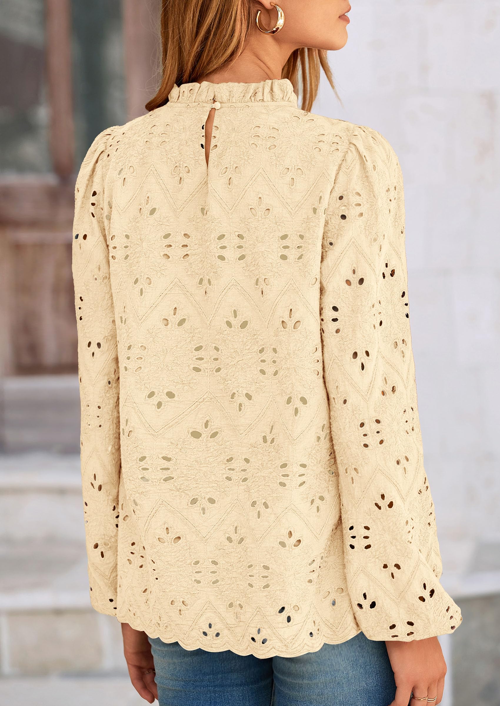 PRETTYGARDEN Womens Tops Dressy Casual Spring Long Sleeve Shirts Embroidered Eyelet Blouses Going Out Outfits