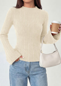 PRETTYGARDEN Sweaters for Women Lightweight Mock Neck Bell Long Sleeve Fitted Tops Ribbed Pullover Fall Fashion Clothing
