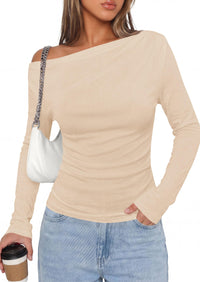 PRETTYGARDEN Off The Shoulder Tops for Women Going Out Long Sleeve Shirts Fall Casual Fitted Ribbed Ruched Y2K Clothes