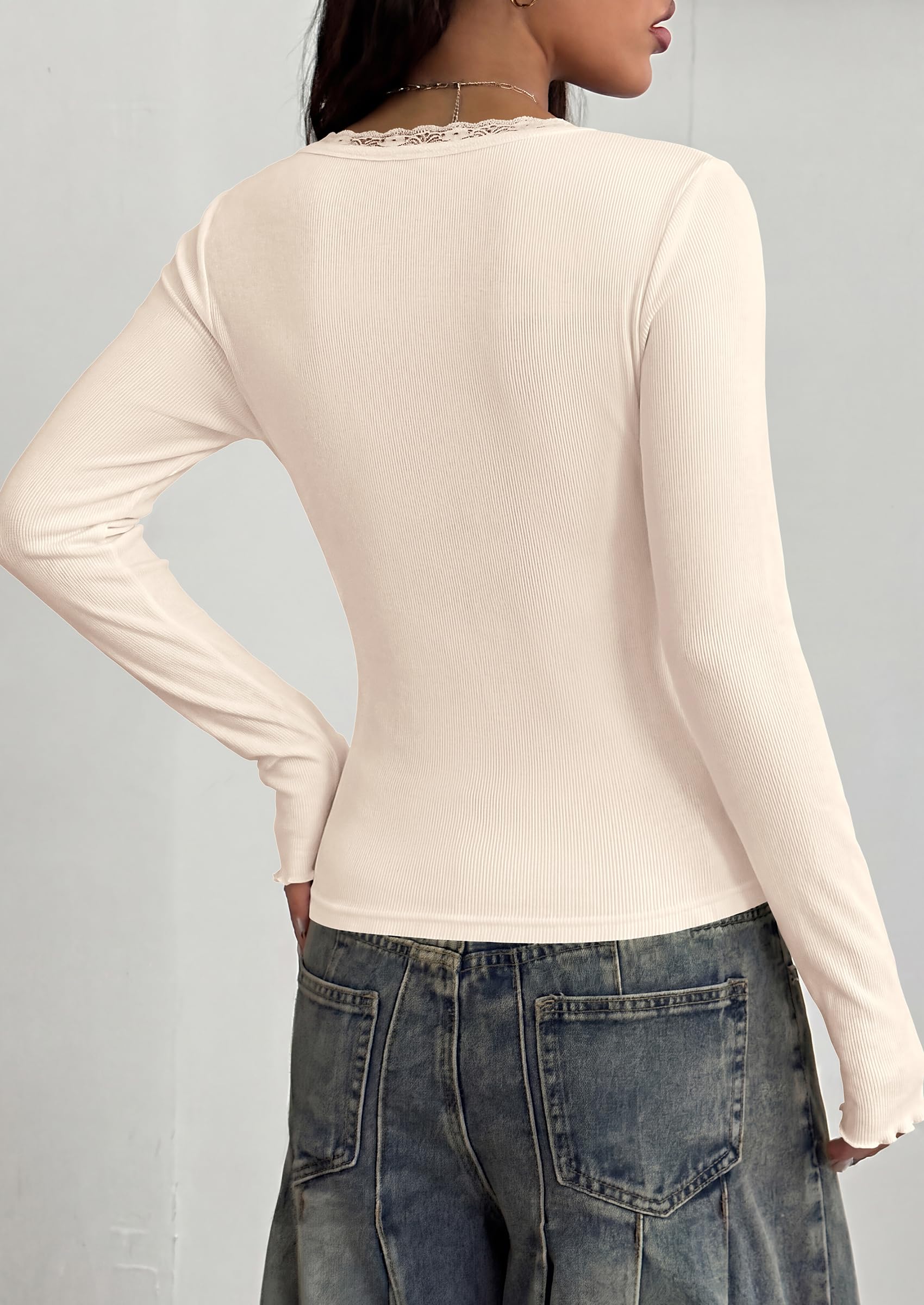 PRETTYGARDEN Womens Fall Long Sleeve Tops Lace Trim V Neck Button Henley Tshirts Slim Fitted Going Out Y2k Basic Shirts 2026
