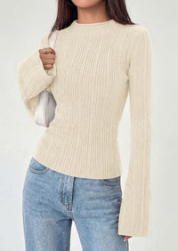 PRETTYGARDEN Sweaters for Women Lightweight Mock Neck Bell Long Sleeve Fitted Tops Ribbed Pullover Fall Fashion Clothing